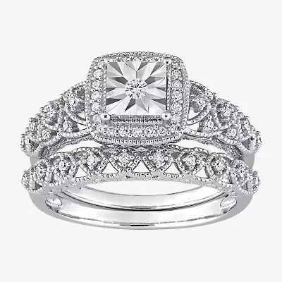 Womens 1/3 CT. T.W. Natural White Diamond Sterling Silver Cushion Halo Bridal Set