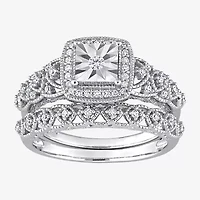 Womens 1/3 CT. T.W. Natural White Diamond Sterling Silver Cushion Halo Bridal Set