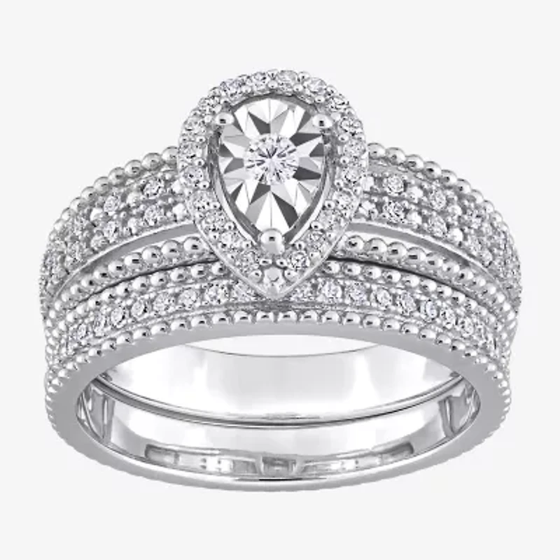 Womens 1/3 CT. T.W. Natural White Diamond Sterling Silver Pear Halo Bridal Set