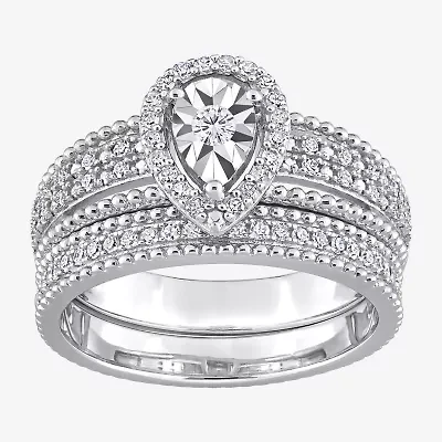 Womens 1/3 CT. T.W. Natural White Diamond Sterling Silver Pear Halo Bridal Set