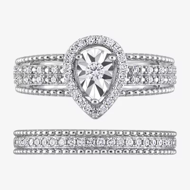 Womens 1/3 CT. T.W. Natural White Diamond Sterling Silver Pear Halo Bridal Set