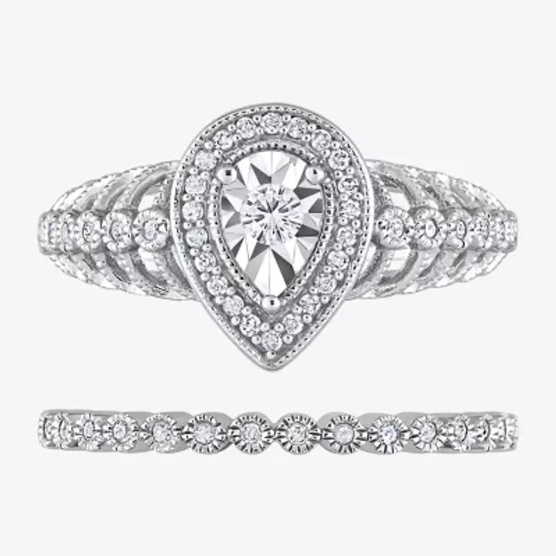 Womens 1/3 CT. T.W. Natural White Diamond Sterling Silver Pear Halo Bridal Set