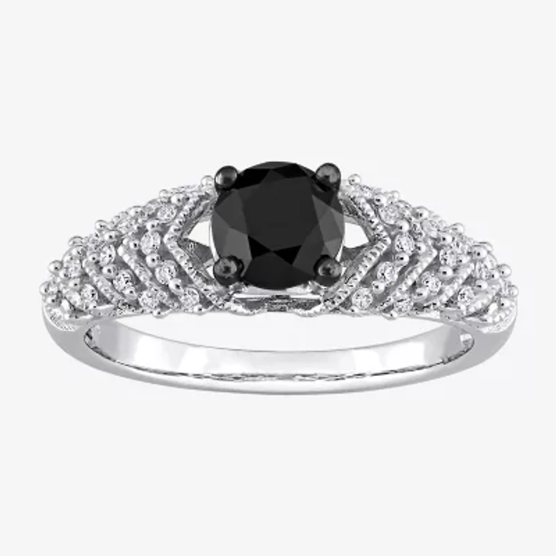 Womens 7/8 CT. T.W. Natural Black Diamond 14K White Gold Round Side Stone Engagement Ring