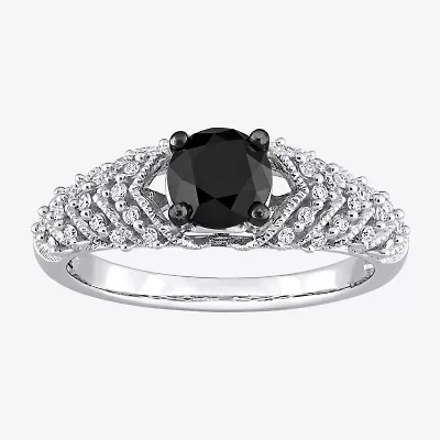 Womens 7/8 CT. T.W. Natural Black Diamond 14K White Gold Round Side Stone Engagement Ring