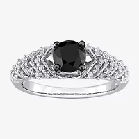 Womens 7/8 CT. T.W. Natural Black Diamond 14K White Gold Round Side Stone Engagement Ring