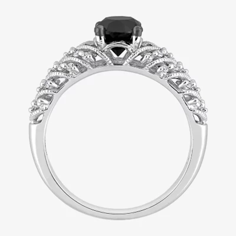 Womens 7/8 CT. T.W. Natural Black Diamond 14K White Gold Round Side Stone Engagement Ring