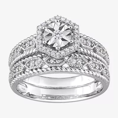 Womens 1/ CT. T.W. Natural White Diamond Sterling Silver Halo Bridal Set
