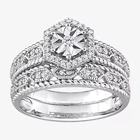 Womens 1/ CT. T.W. Natural White Diamond Sterling Silver Halo Bridal Set