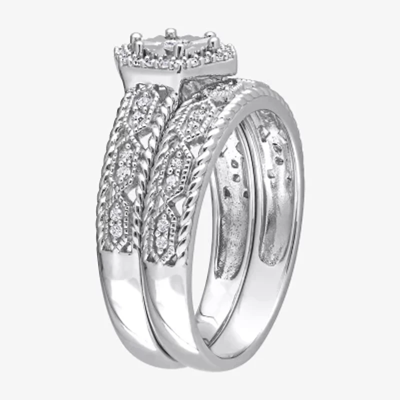 Womens 1/ CT. T.W. Natural White Diamond Sterling Silver Halo Bridal Set