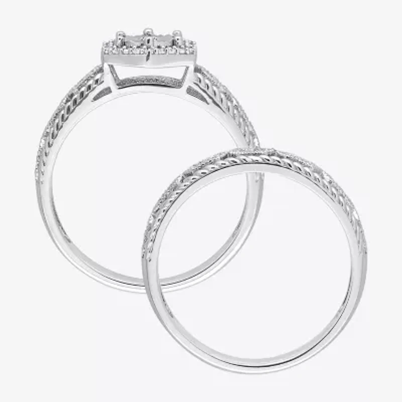 Womens 1/ CT. T.W. Natural White Diamond Sterling Silver Halo Bridal Set