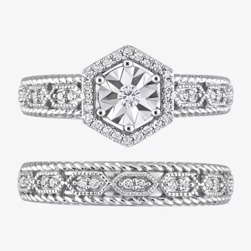 Womens 1/ CT. T.W. Natural White Diamond Sterling Silver Halo Bridal Set