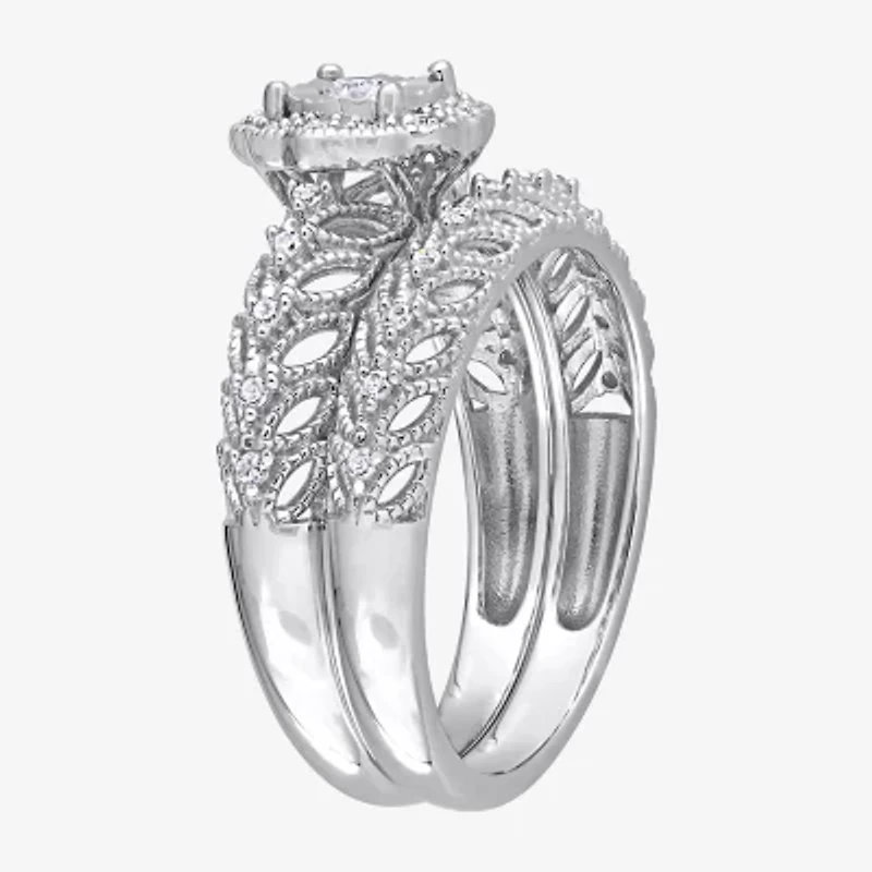 Womens 1/4 CT. T.W. Natural White Diamond Sterling Silver Round Halo Bridal Set