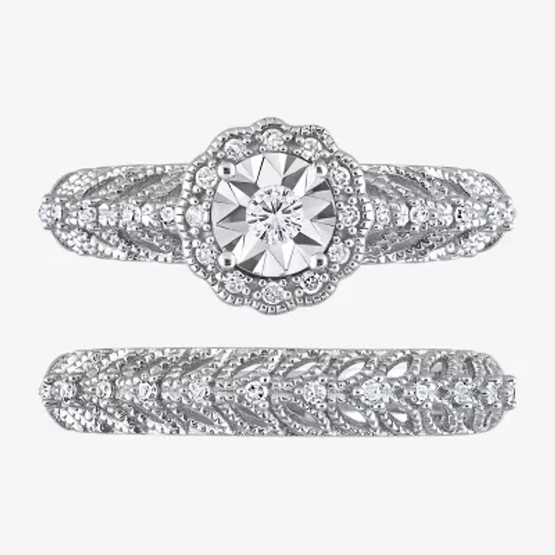 Womens 1/4 CT. T.W. Natural White Diamond Sterling Silver Round Halo Bridal Set