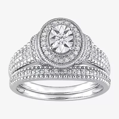 Womens 1/4 CT. T.W. Natural White Diamond Sterling Silver Oval Halo Bridal Set