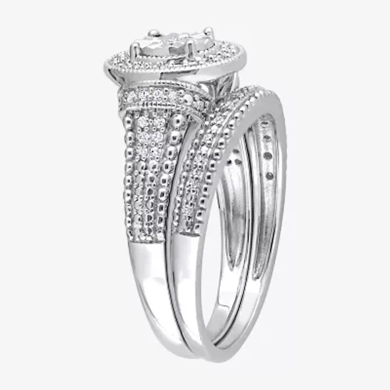 Womens 1/4 CT. T.W. Natural White Diamond Sterling Silver Oval Halo Bridal Set