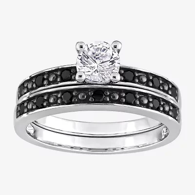 Womens 1/5 CT. Natural Black Diamond Sterling Silver Round Side Stone Bridal Set