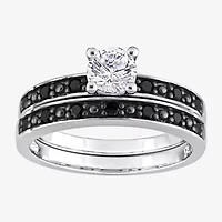 Womens 1/5 CT. Natural Black Diamond Sterling Silver Round Side Stone Bridal Set