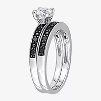 Womens 1/5 CT. Natural Black Diamond Sterling Silver Round Side Stone Bridal Set