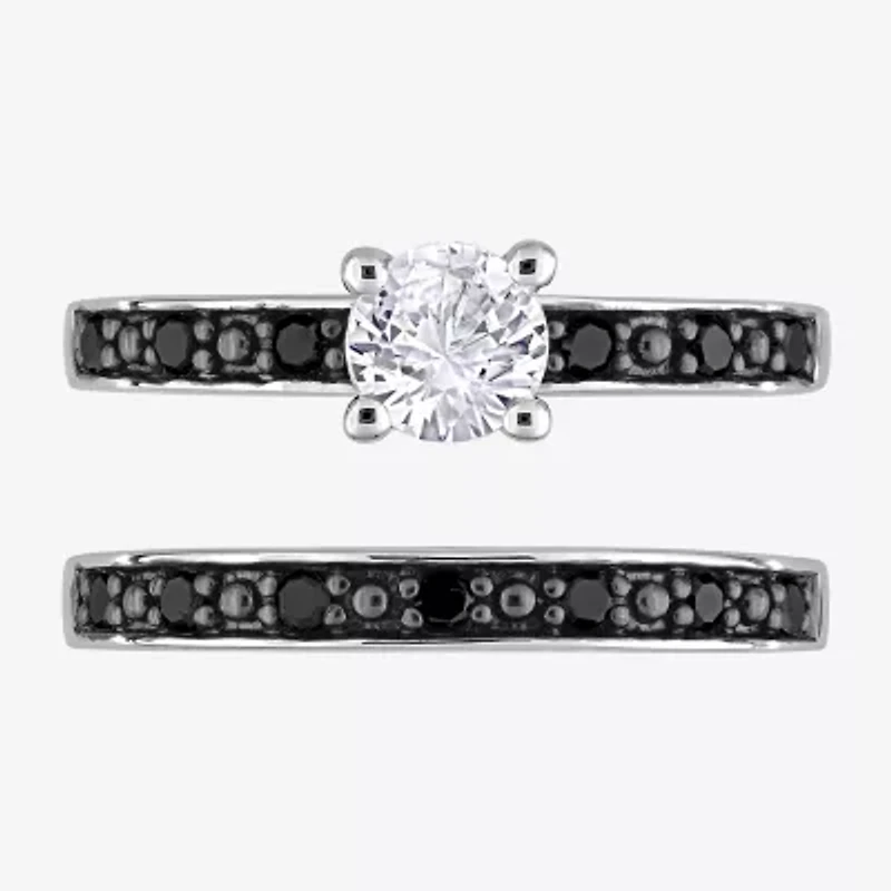 Womens 1/5 CT. Natural Black Diamond Sterling Silver Round Side Stone Bridal Set