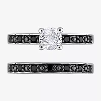Womens 1/5 CT. Natural Black Diamond Sterling Silver Round Side Stone Bridal Set