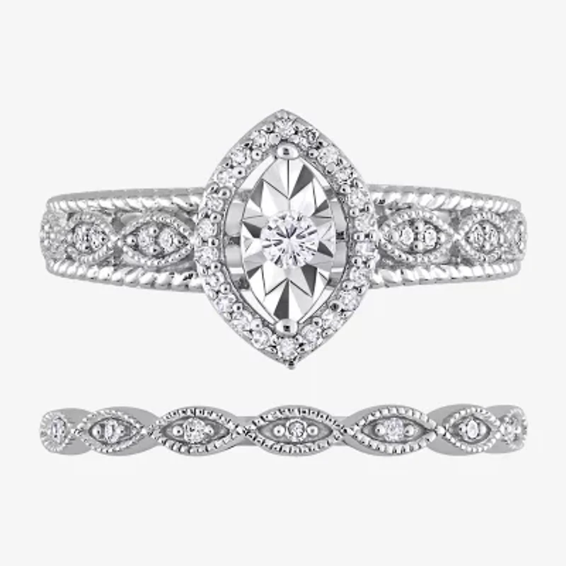 Womens 1/5 CT. Natural White Diamond Sterling Silver Marquise Bridal Set
