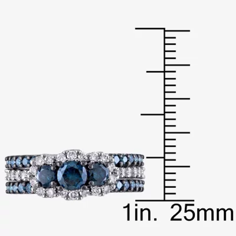 Womens 2 CT. T.W. Natural Blue Diamond 10K White Gold Round Side Stone 3-Stone Bridal Set
