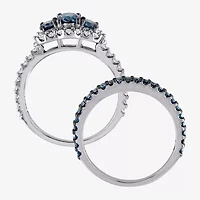 Womens 2 CT. T.W. Natural Blue Diamond 10K White Gold Round Side Stone 3-Stone Bridal Set