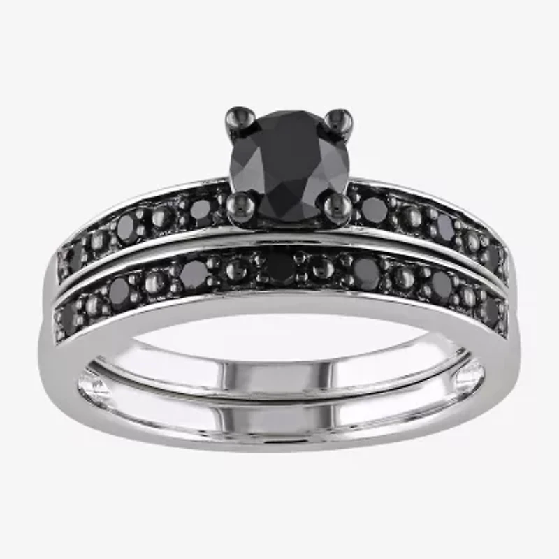 Womens 1 CT. T.W. Natural Black Diamond Sterling Silver Round Side Stone Bridal Set