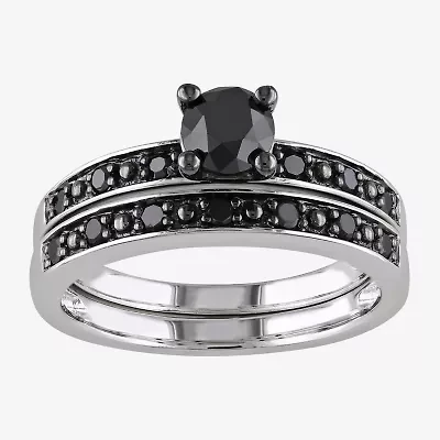 Womens 1 CT. T.W. Natural Black Diamond Sterling Silver Round Side Stone Bridal Set