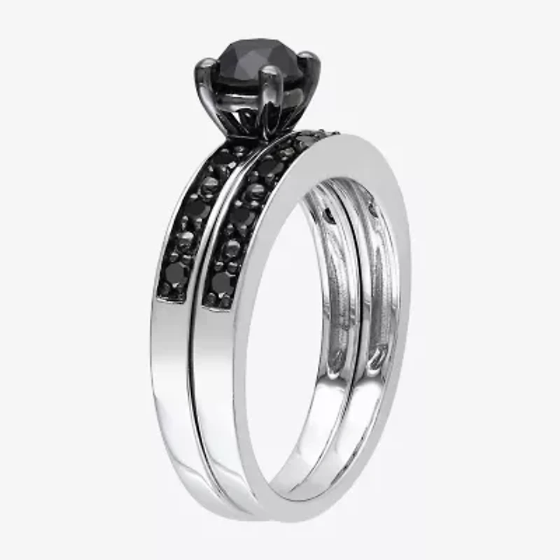 Womens 1 CT. T.W. Natural Black Diamond Sterling Silver Round Side Stone Bridal Set