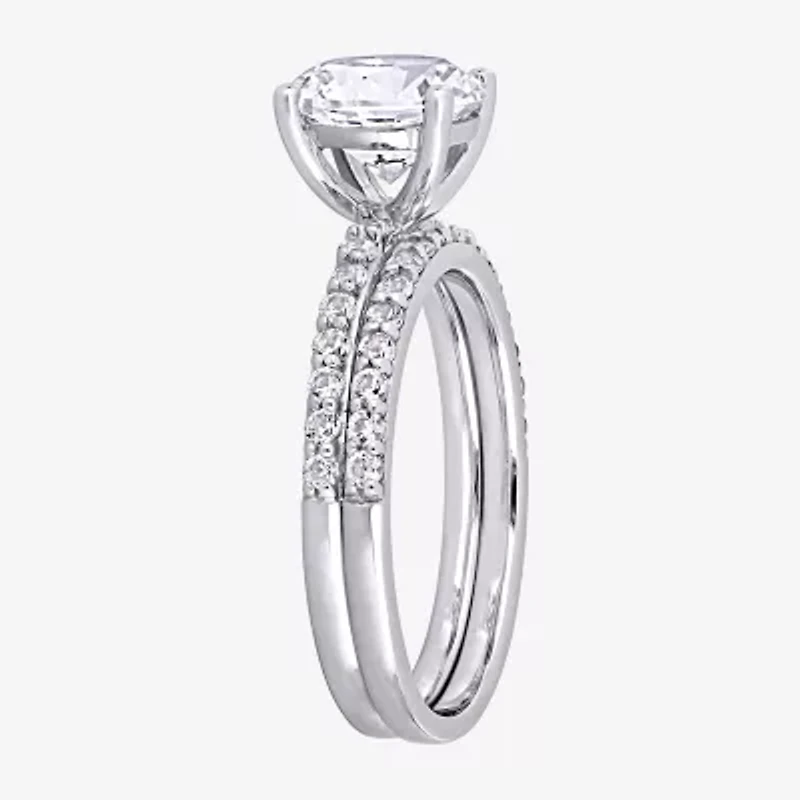 Womens Lab Created White Sapphire 10K Gold Round Side Stone Bridal Set