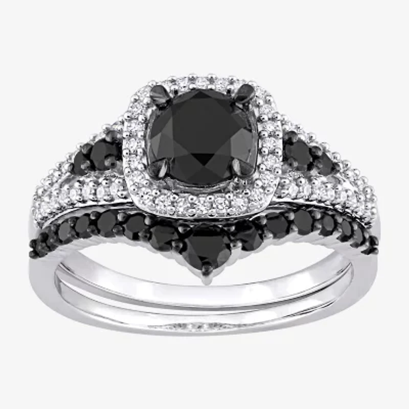 Womens 1 1/2 CT. T.W. Natural Black Diamond 10K White Gold Cushion Side Stone Halo Bridal Set