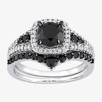 Womens 1 1/2 CT. T.W. Natural Black Diamond 10K White Gold Cushion Side Stone Halo Bridal Set