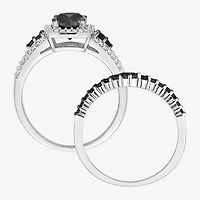 Womens 1 1/2 CT. T.W. Natural Black Diamond 10K White Gold Cushion Side Stone Halo Bridal Set