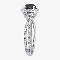 Womens 1 1/2 CT. T.W. Genuine Black Diamond 14K White Gold Cushion Side Stone Halo Engagement Ring