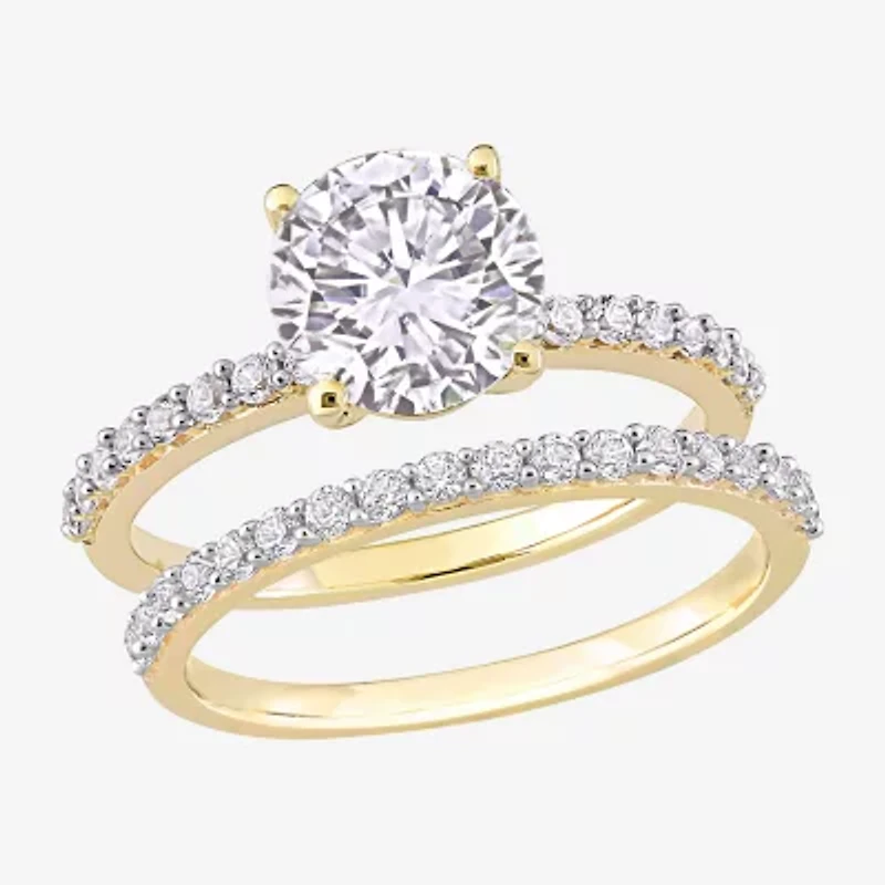 Womens Lab Created White Sapphire 10K Gold Round Side Stone Bridal Set