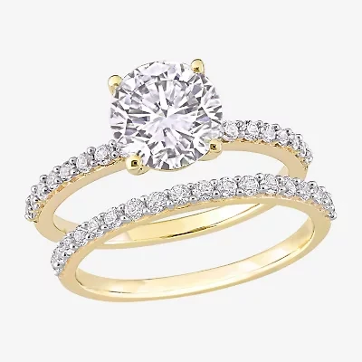 Womens Lab Created White Sapphire 10K Gold Round Side Stone Bridal Set