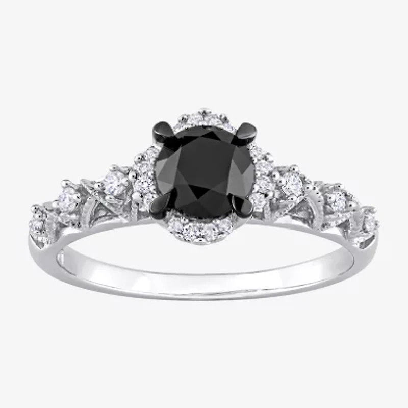 Womens 3/4 CT. T.W. Natural Black Diamond 14K White Gold Round Side Stone Halo Engagement Ring