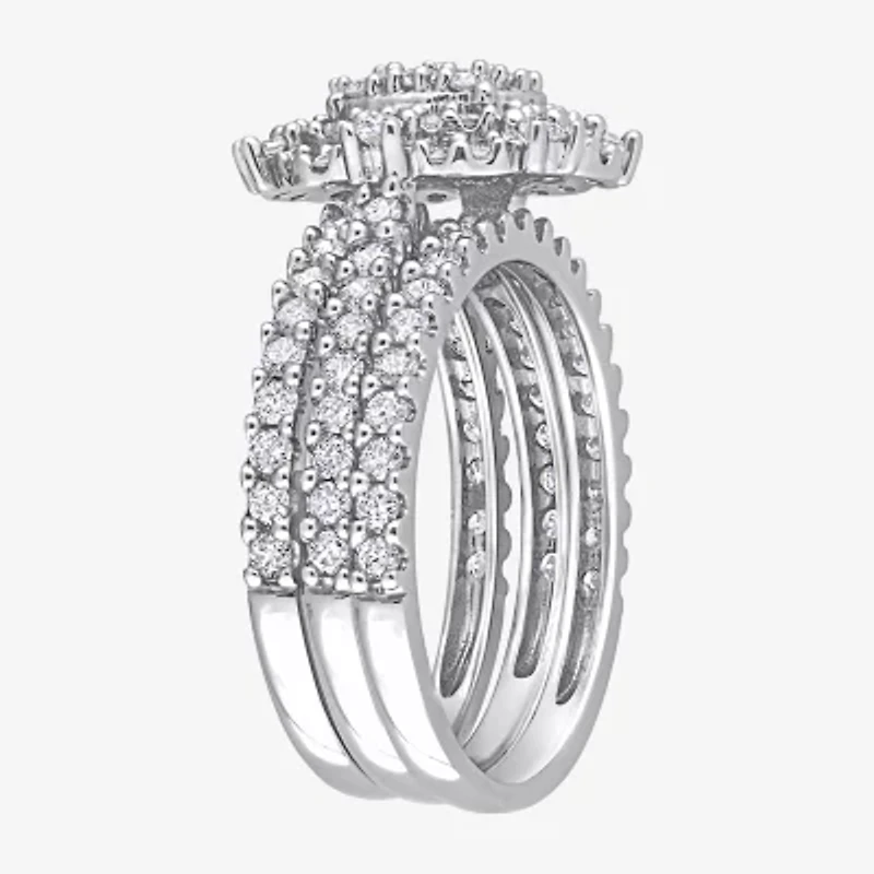 Womens 1 1/2 CT. T.W. Natural White Diamond 10K Gold Oval Side Stone Halo Bridal Set