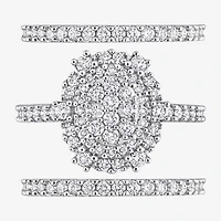 Womens 1 1/2 CT. T.W. Natural White Diamond 10K Gold Oval Side Stone Halo Bridal Set