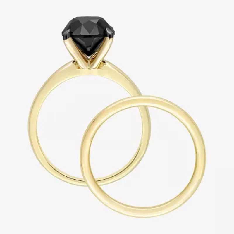 Womens 3 CT. Natural Black Diamond 14K Gold Round Solitaire Bridal Set