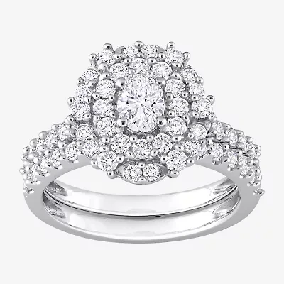 Womens 1 1/2 CT. T.W. Natural White Diamond 14K Gold Oval Side Stone Halo Bridal Set