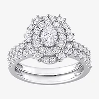 Womens 1 1/2 CT. T.W. Natural White Diamond 14K Gold Oval Side Stone Halo Bridal Set