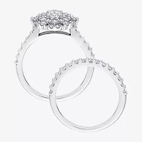 Womens 1 1/2 CT. T.W. Natural White Diamond 14K Gold Oval Side Stone Halo Bridal Set