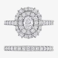Womens 1 1/2 CT. T.W. Natural White Diamond 14K Gold Oval Side Stone Halo Bridal Set