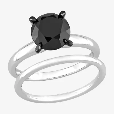 Womens 3 CT. Natural Black Diamond 14K White Gold Round Solitaire Bridal Set