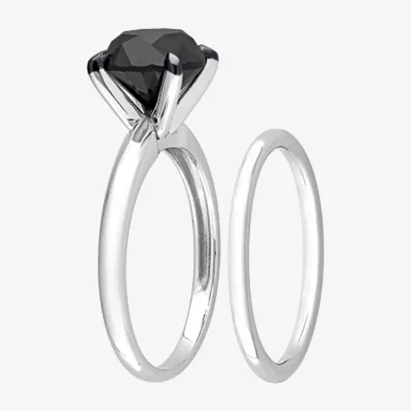 Womens 3 CT. Natural Black Diamond 14K White Gold Round Solitaire Bridal Set
