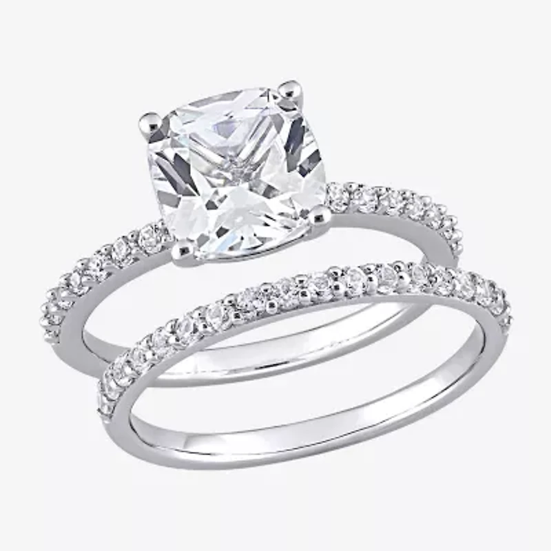 Womens Lab Created White Sapphire 10K Gold Cushion Side Stone Bridal Set