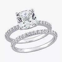 Womens Lab Created White Sapphire 10K Gold Cushion Side Stone Bridal Set