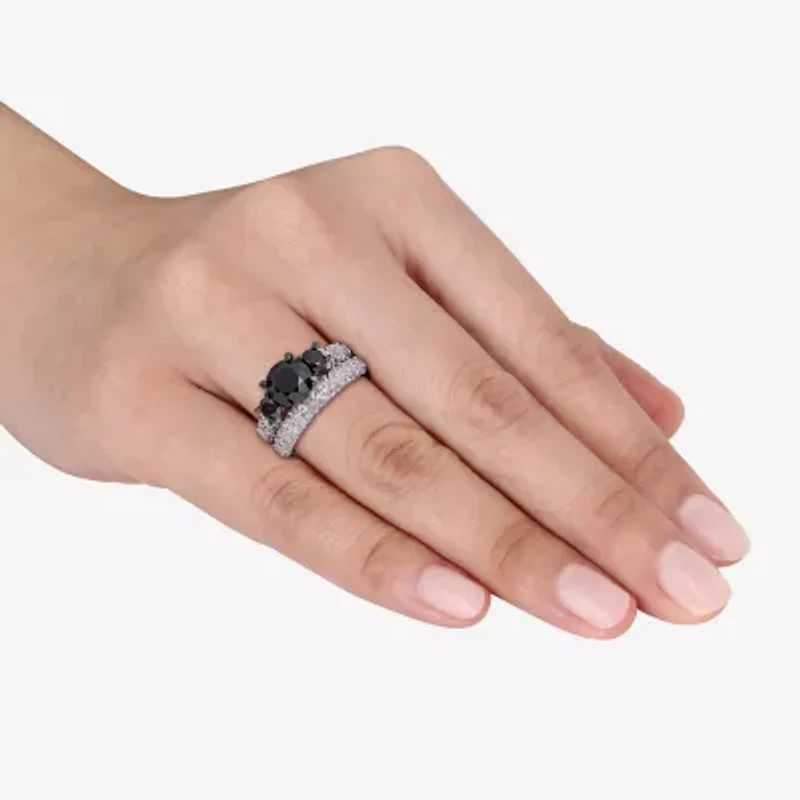 Midnight Black Womens 3 CT. T.W. Natural Diamond 10K White Gold Round Side Stone 3-Stone Bridal Set